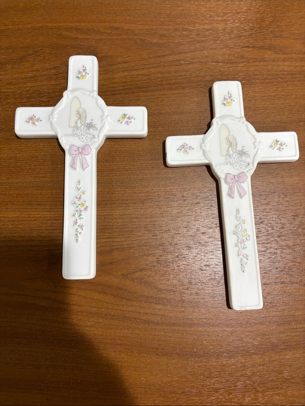 Precious Moments White Ceramic Cross Wall Plaques with Pink Bows